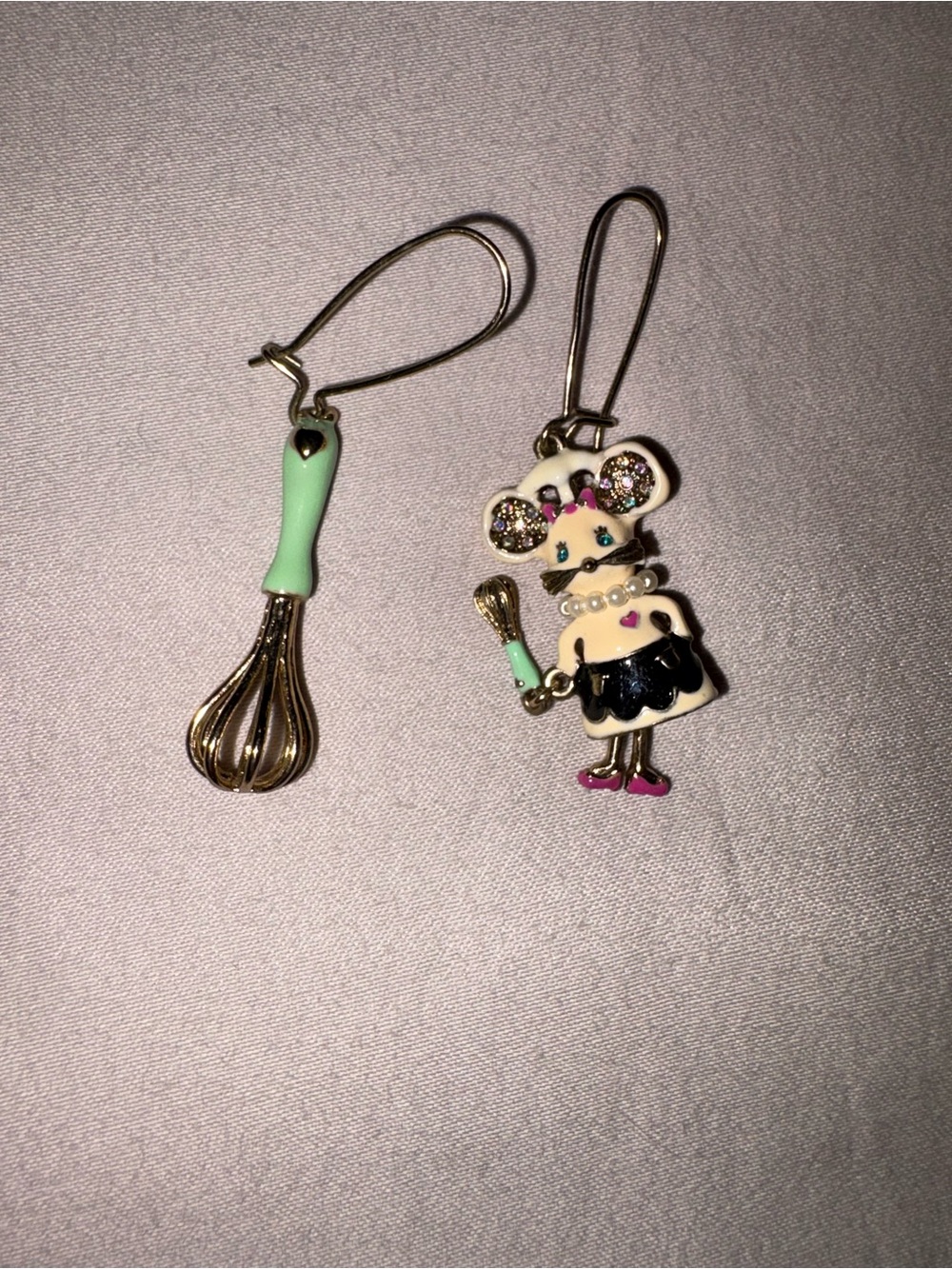 Betsey Johnson Mint, Cream & Pink Mouse Chef Whisk Mismatch Earrings